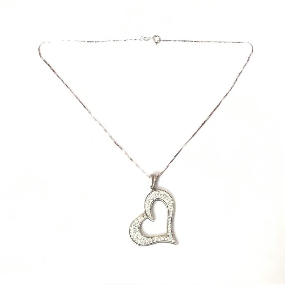 Sterling Silver Rhinestone Open Heart Pendant Necklace 16" Long